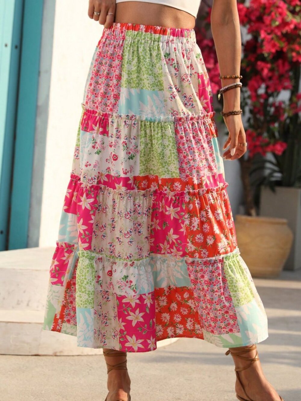 Multicolor boho Casual Women's Colorblock Floral Print Ruffle Hem maxi Skirt - Picture 9 of 10